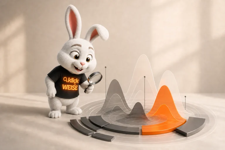 Klickweise-Maskottchen visualisiert Share of Voice in einer eigenständigen Mess- und Analyseszene.